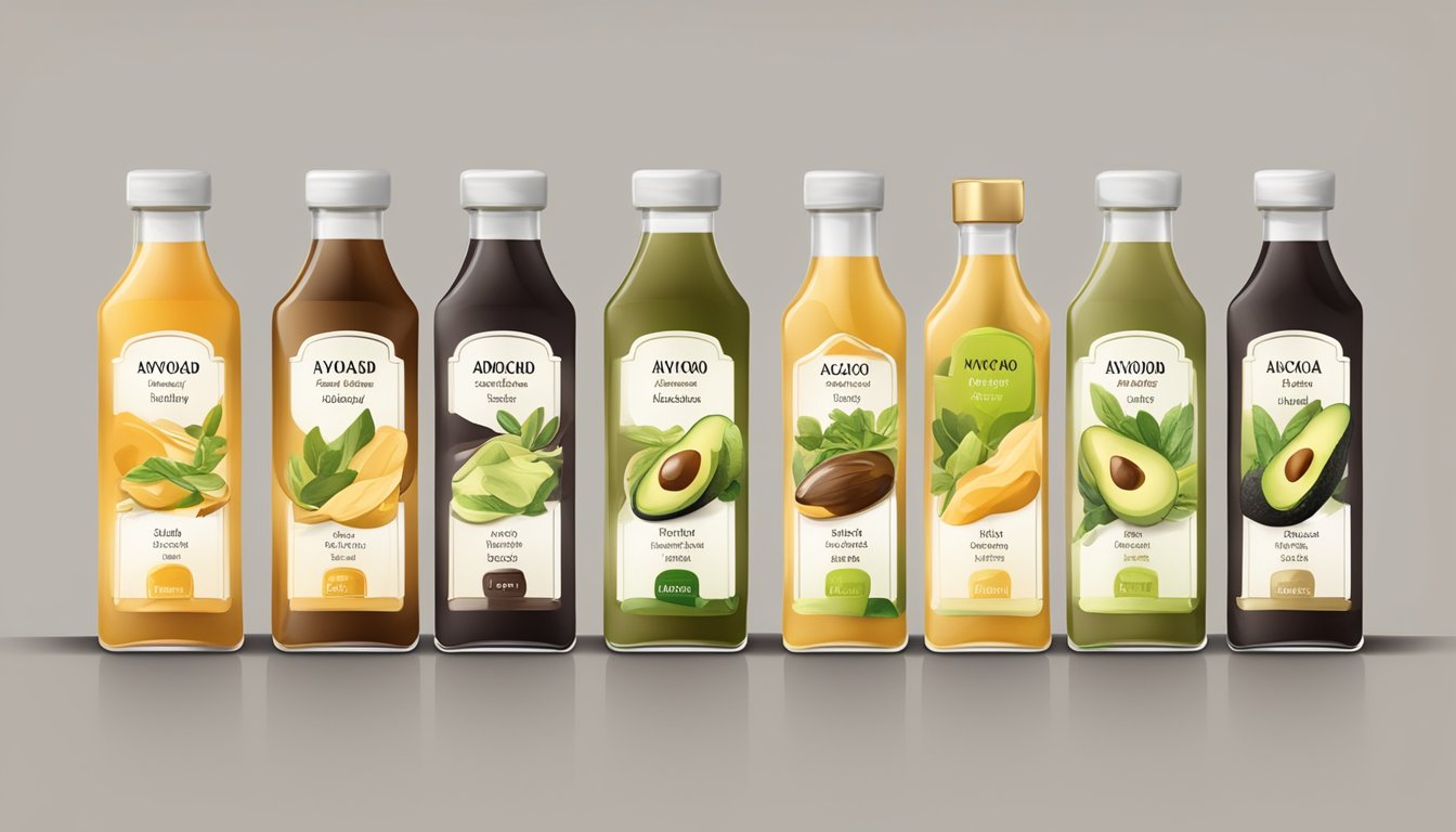 A table with seven bottles of salad dressing, each labeled with a different type of seemingly healthy ingredient, such as avocado, honey, and balsamic vinegar