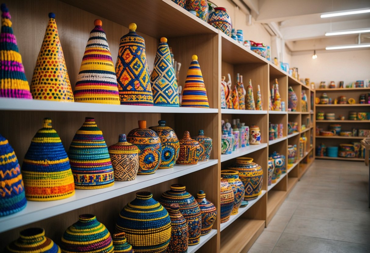 Colorful crafts line the shelves at the Arts Center in Accra, with intricate designs and vibrant patterns waiting to inspire a date's creativity