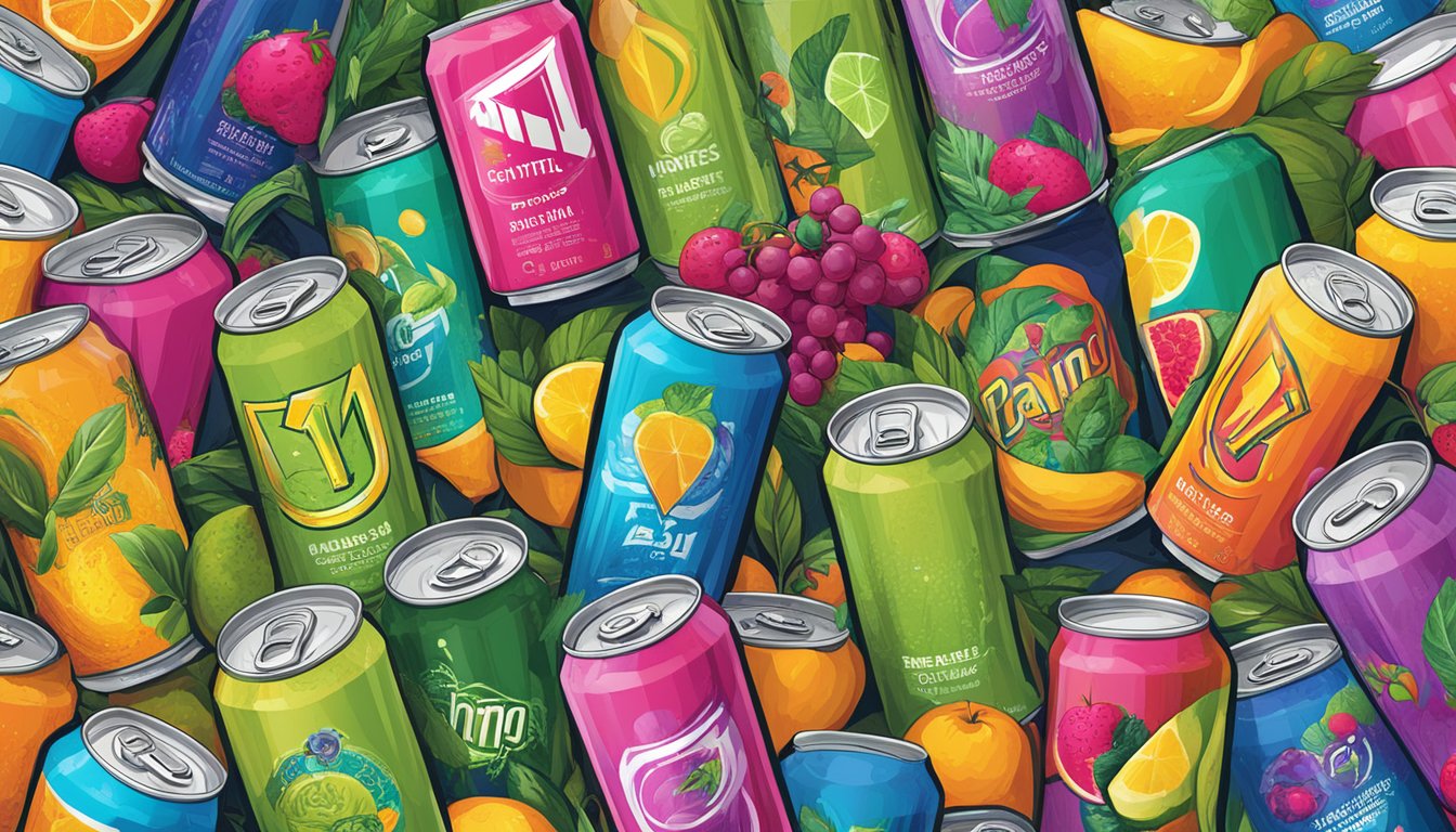 A colorful array of 11 Bang Energy Drink cans, surrounded by vibrant, exaggerated natural elements like oversized fruits and plants