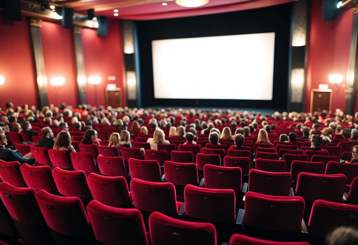 A crowded theater with rows of red velvet seats, a large screen, and dimmed lights