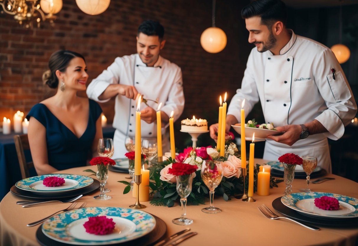 A table set with candles, flowers, and themed dinnerware. A chef prepares a special birthday meal while a couple enjoys the romantic atmosphere