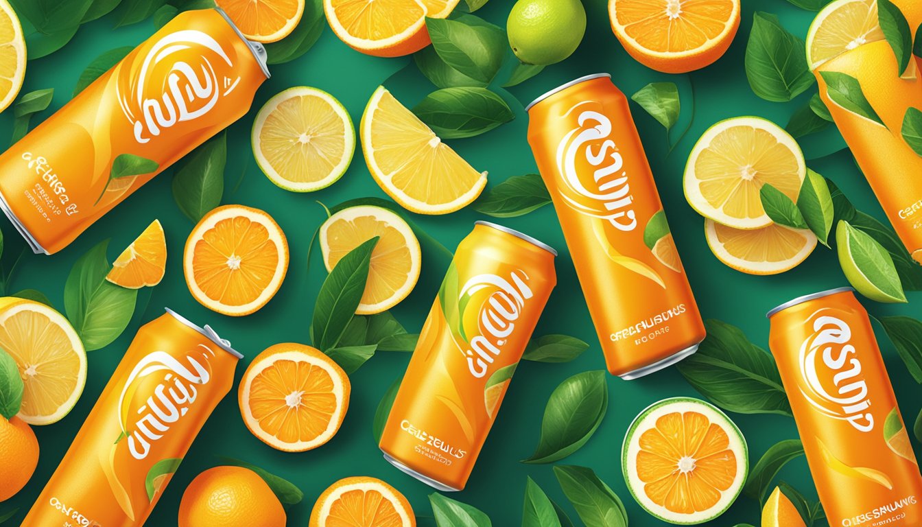 A group of 11 bright orange cans of Celsius Sparkling energy drinks arranged in a natural outdoor setting, surrounded by vibrant orange citrus fruits and green leaves