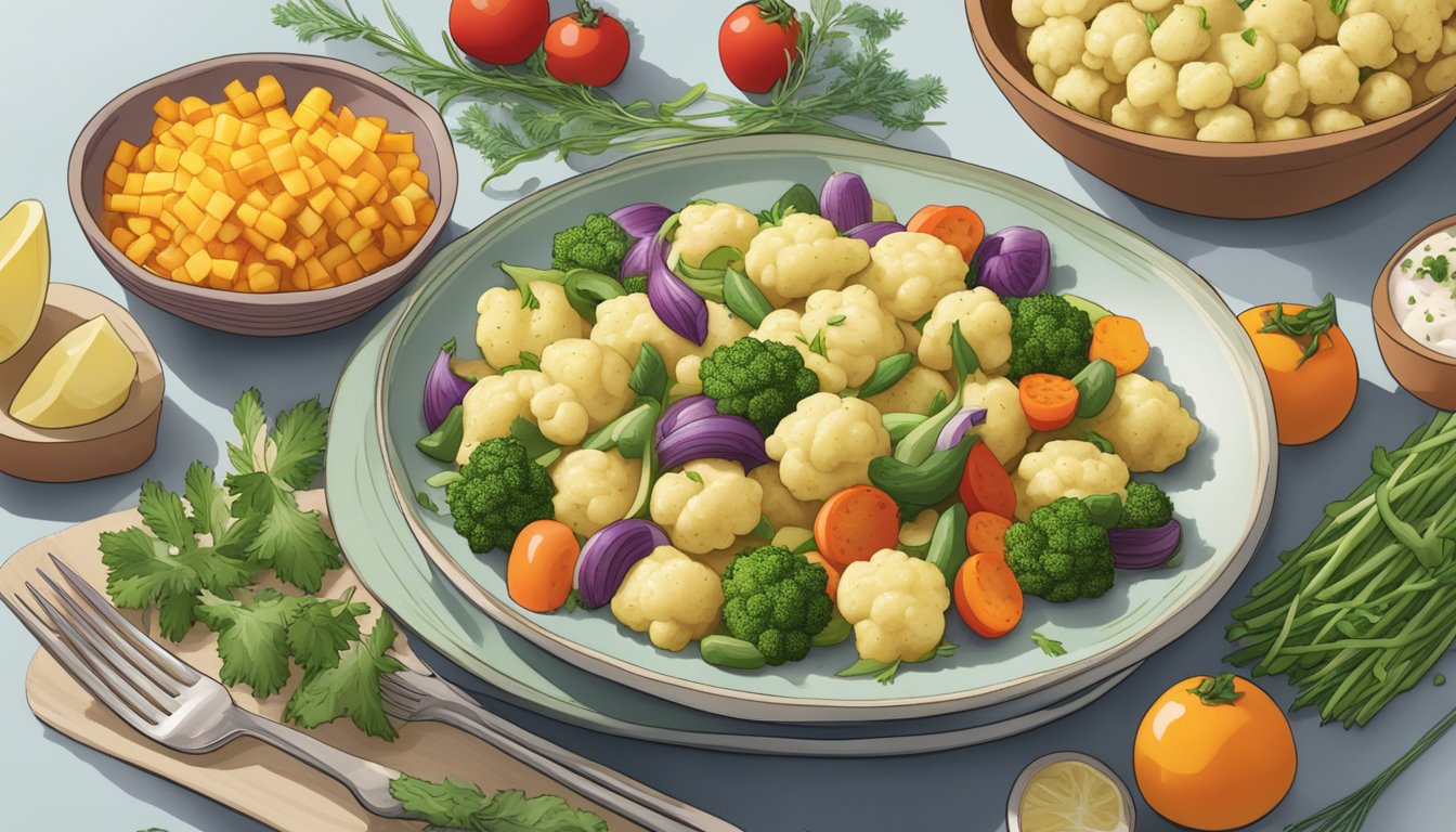 A plate of cauliflower gnocchi surrounded by various colorful vegetables and herbs, with a package of Trader Joe's 12 Veggie Pastas in the background