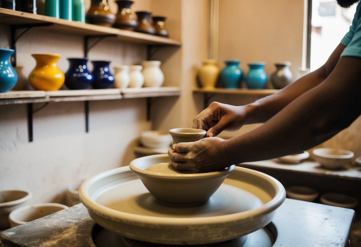 A pottery wheel spins as hands shape clay at The Potters' Place in Accra. Shelves of colorful glazes and finished pieces line the studio walls