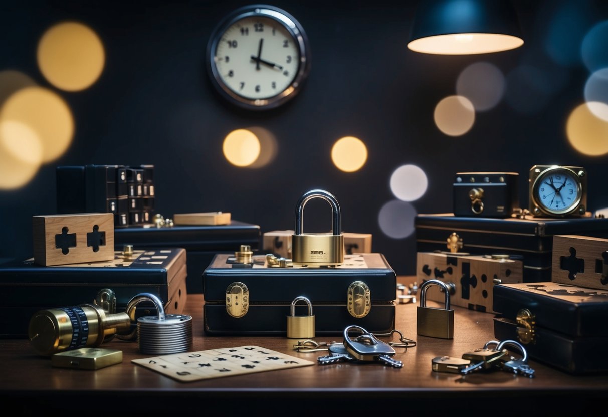 A dimly lit room filled with puzzles, locks, and hidden clues. A countdown clock on the wall adds urgency to the task at hand