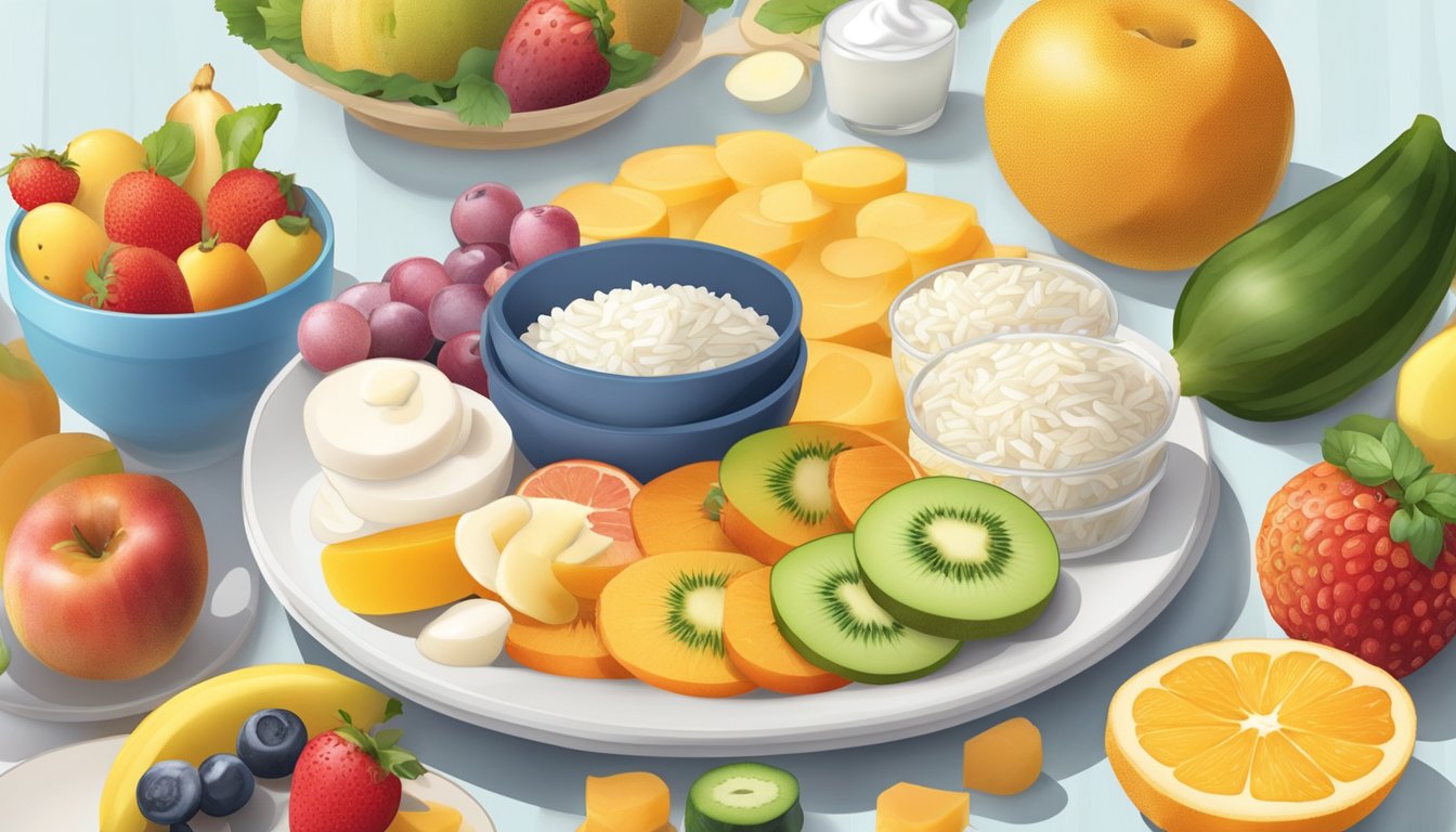 A plate of rice cakes surrounded by a variety of "light" foods, such as fruits, vegetables, and yogurt, with a measuring tape coiled in the background