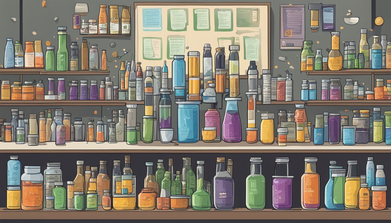 A cluttered lab with test tubes, beakers, and various ingredients scattered across the counter. A large sign reads "Reign Total Body Fuel" with a list of questionable "natural" energy drink ingredients