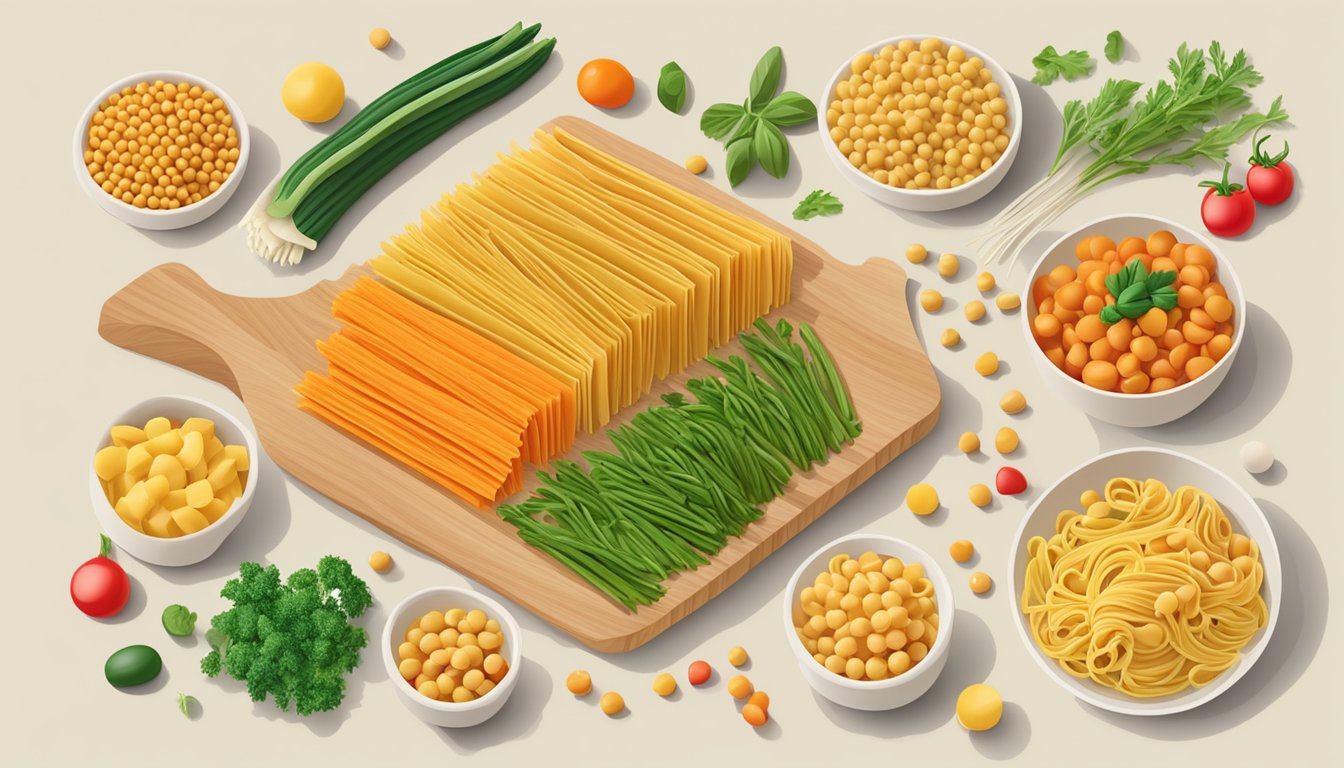 A colorful array of Banza Chickpea Pasta and various vegetables arranged in an enticing display