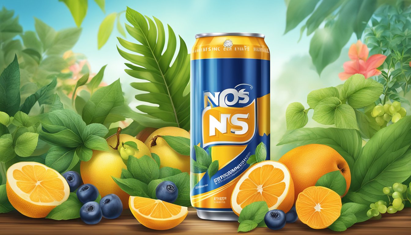 A can of NOS High Performance Energy Drink surrounded by a variety of natural elements such as fruits, plants, and herbs