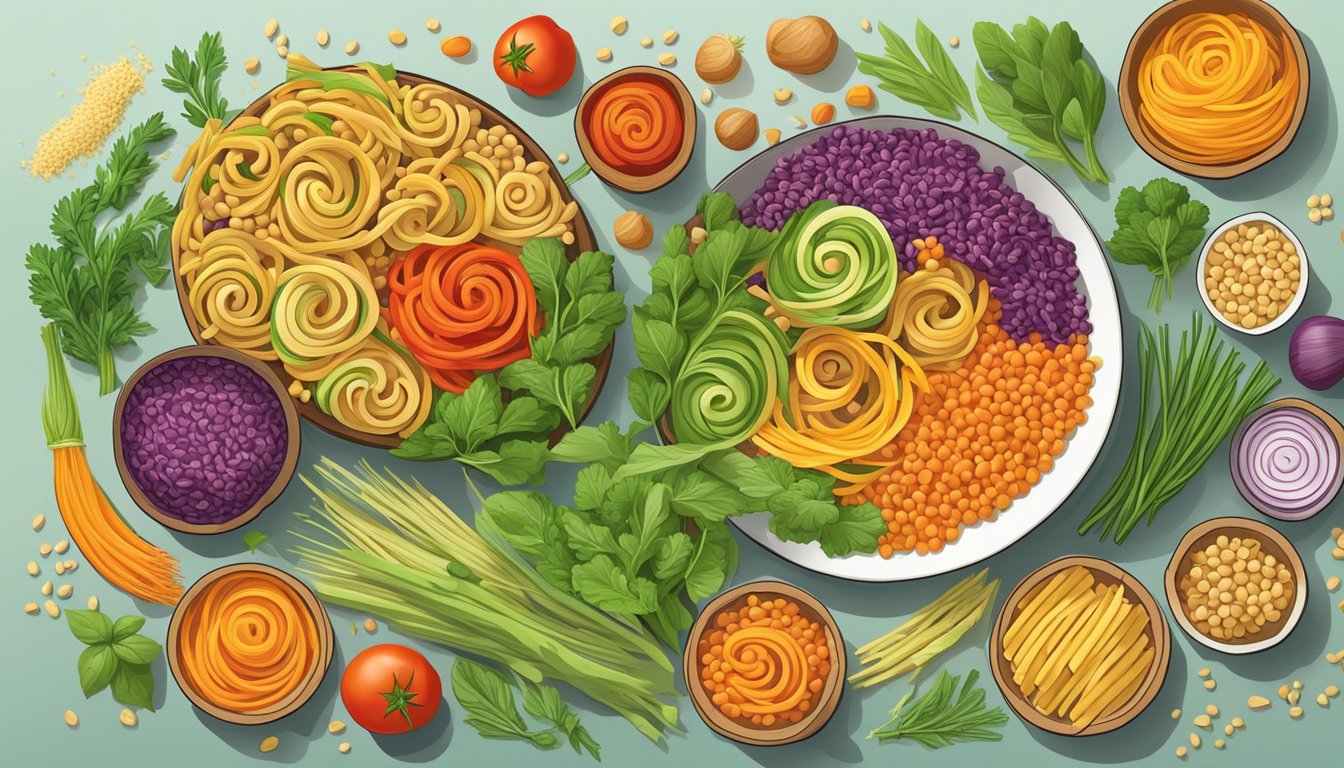 A colorful array of red lentil and quinoa pasta spirals, surrounded by a variety of vibrant vegetables and herbs, creating a visually appealing and healthy dish