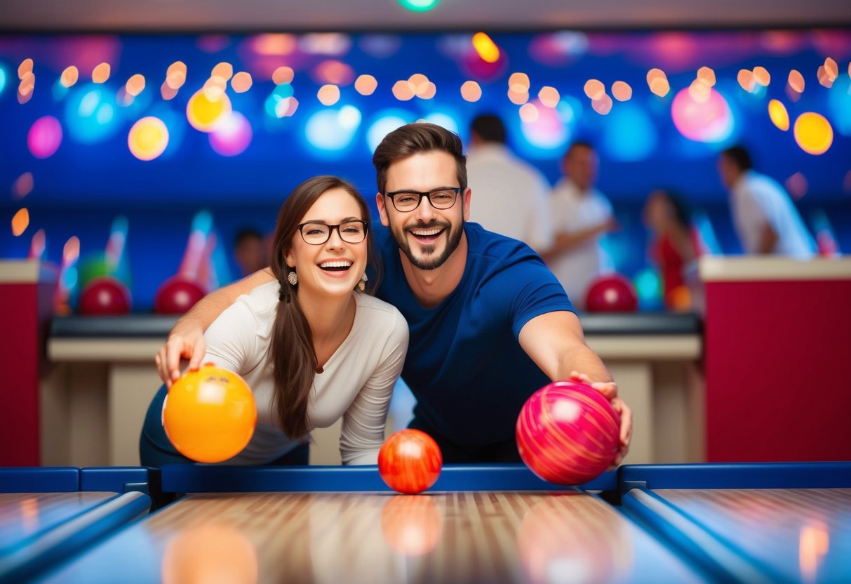 A couple enjoys a fun game of bowling at a lively birthday celebration