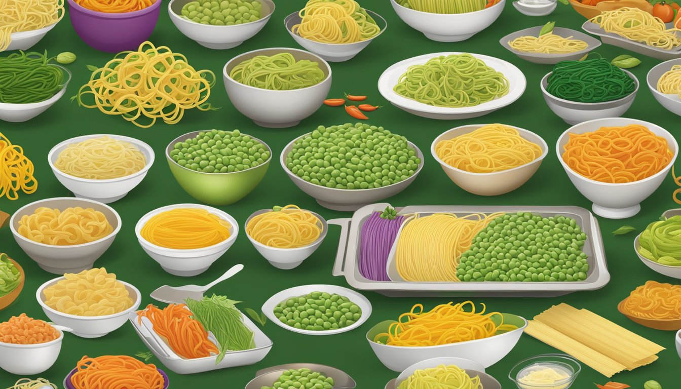 A colorful array of 12 different types of veggie pasta, including Explore Cuisine Edamame Spaghetti, arranged in an enticing display