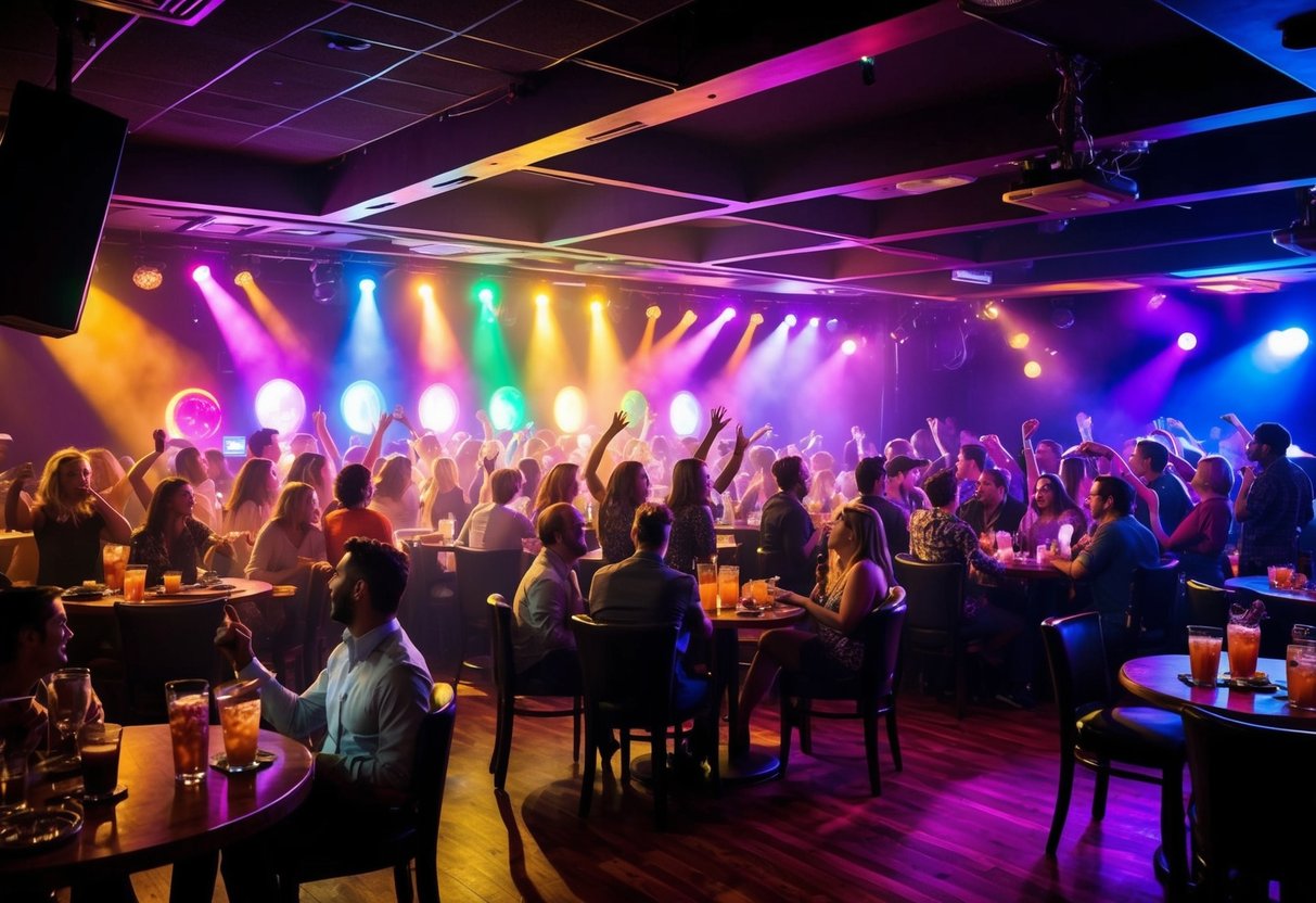 A karaoke bar with colorful stage lights and a lively crowd singing and dancing. Tables with drinks and snacks fill the dimly lit room