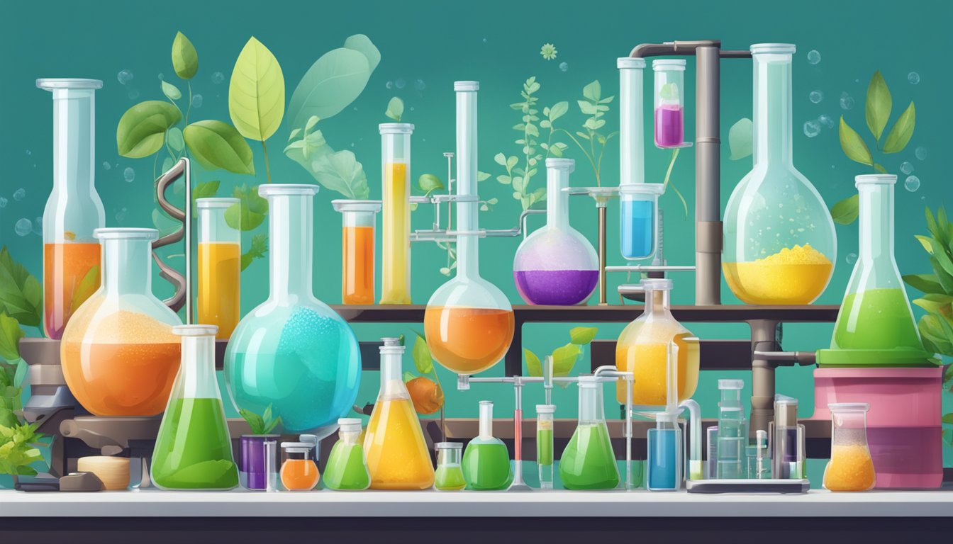 A cluttered laboratory with beakers and test tubes, filled with artificial ingredients and chemicals, contrasted with images of nature and "natural" branding