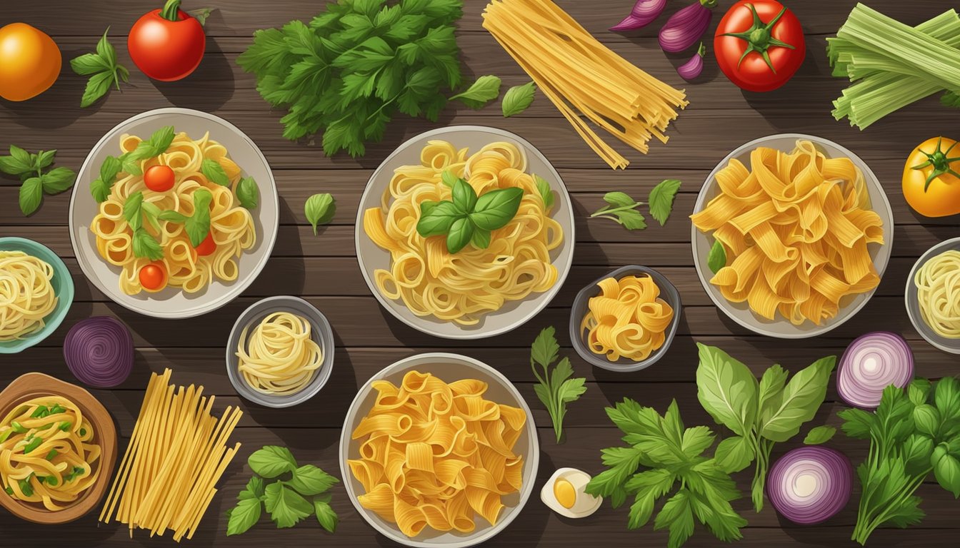 A colorful array of 12 different types of veggie pasta, surrounded by fresh vegetables and herbs, on a rustic wooden table