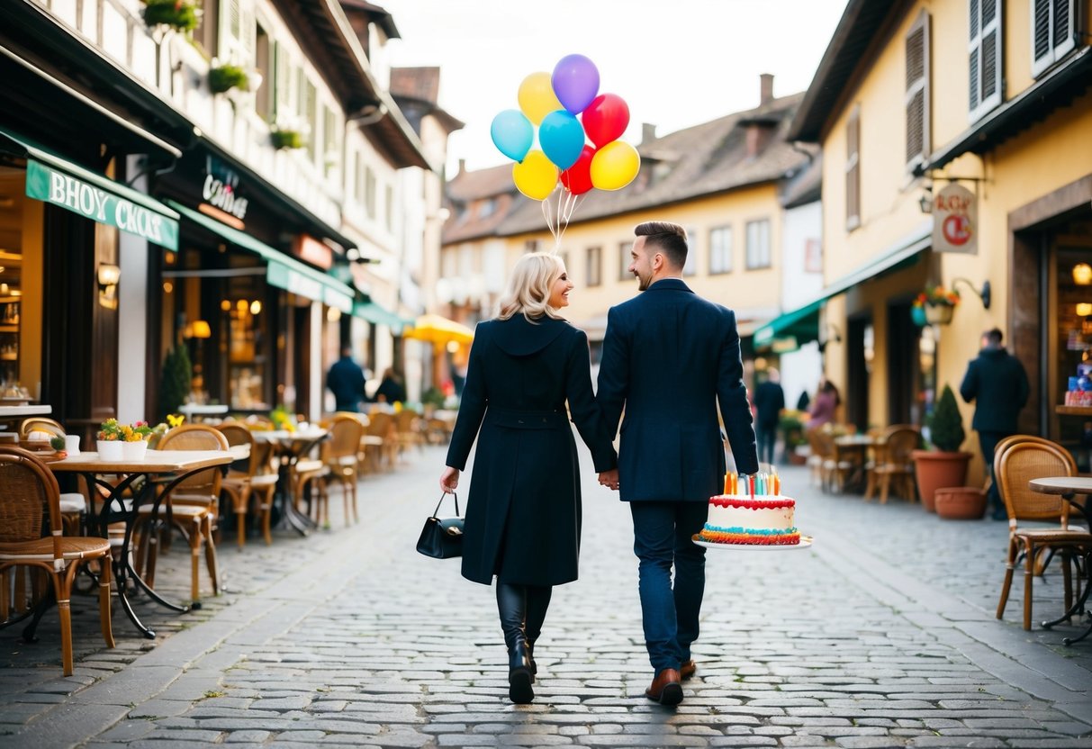 A couple strolling through a charming town square, surrounded by quaint shops and cafes, with colorful balloons and a birthday cake in hand