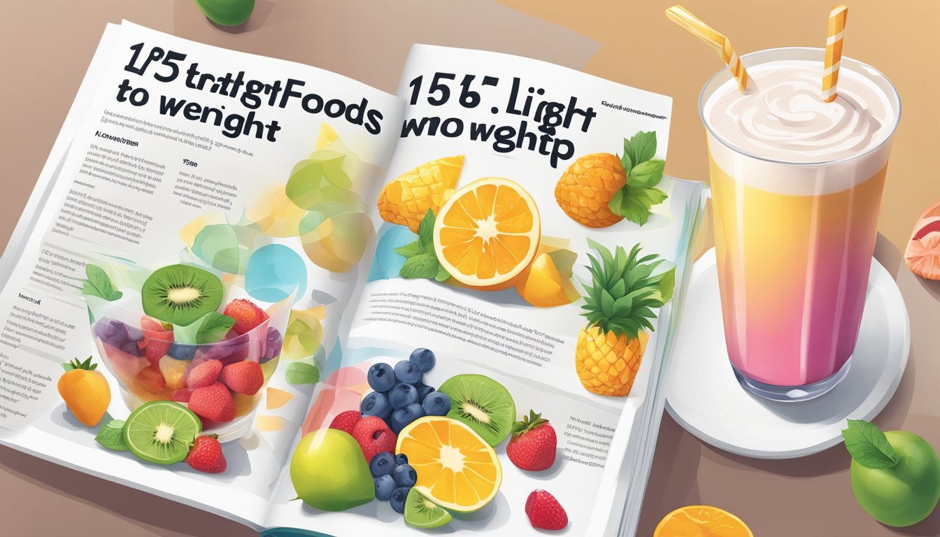 A table set with colorful fruit smoothies next to a magazine with the headline "15 'Light' Foods That Won't Help You Lose Weight."