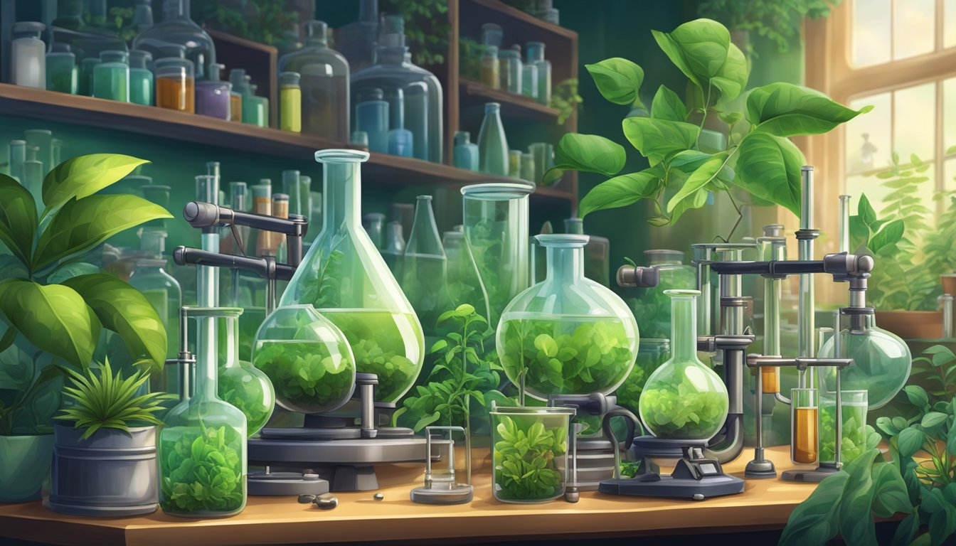 A cluttered laboratory with beakers, test tubes, and scientific equipment, surrounded by vibrant green plants and natural elements