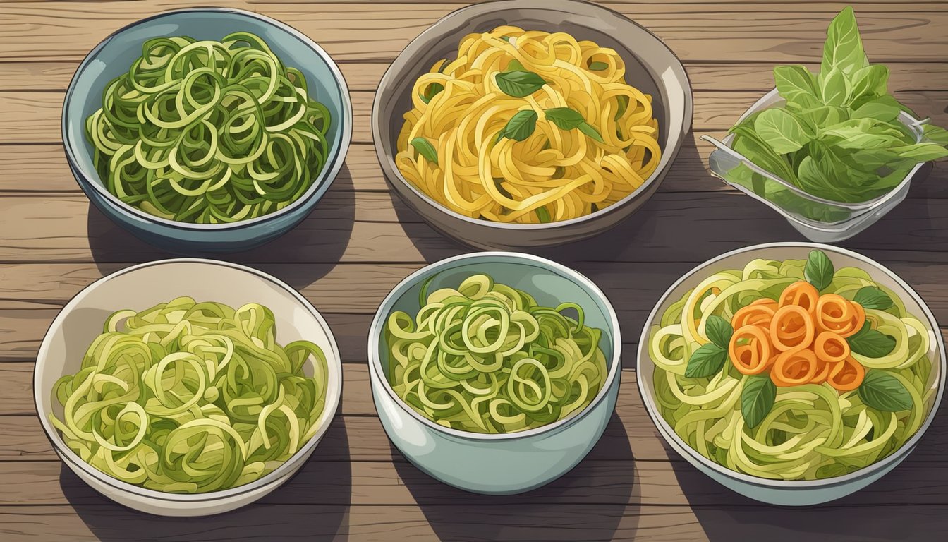 A colorful array of zucchini noodles and various vegetable pastas displayed on a rustic wooden table