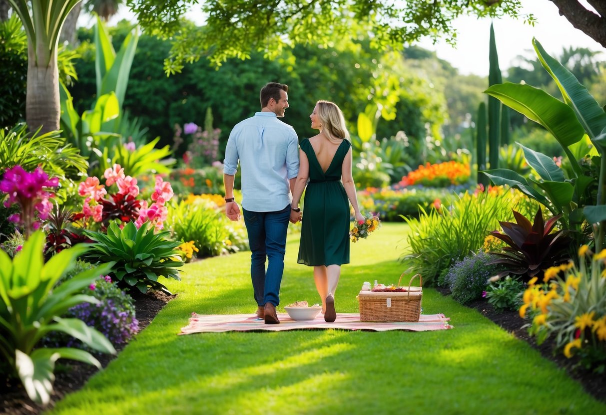 A couple strolls through a lush botanical garden, admiring colorful flowers and exotic plants. A birthday picnic is laid out on a blanket under a shady tree