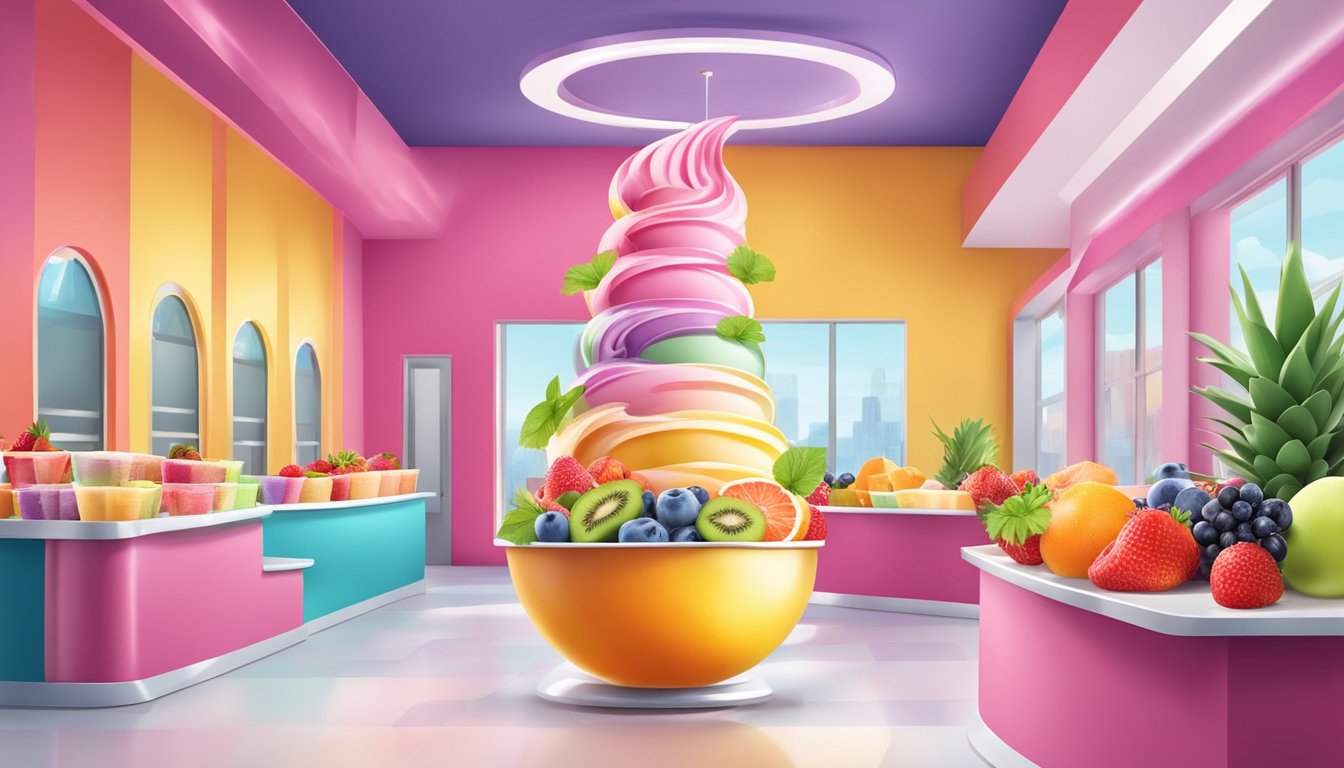 A colorful frozen yogurt swirl surrounded by fresh fruit toppings in a bright, modern yogurt shop