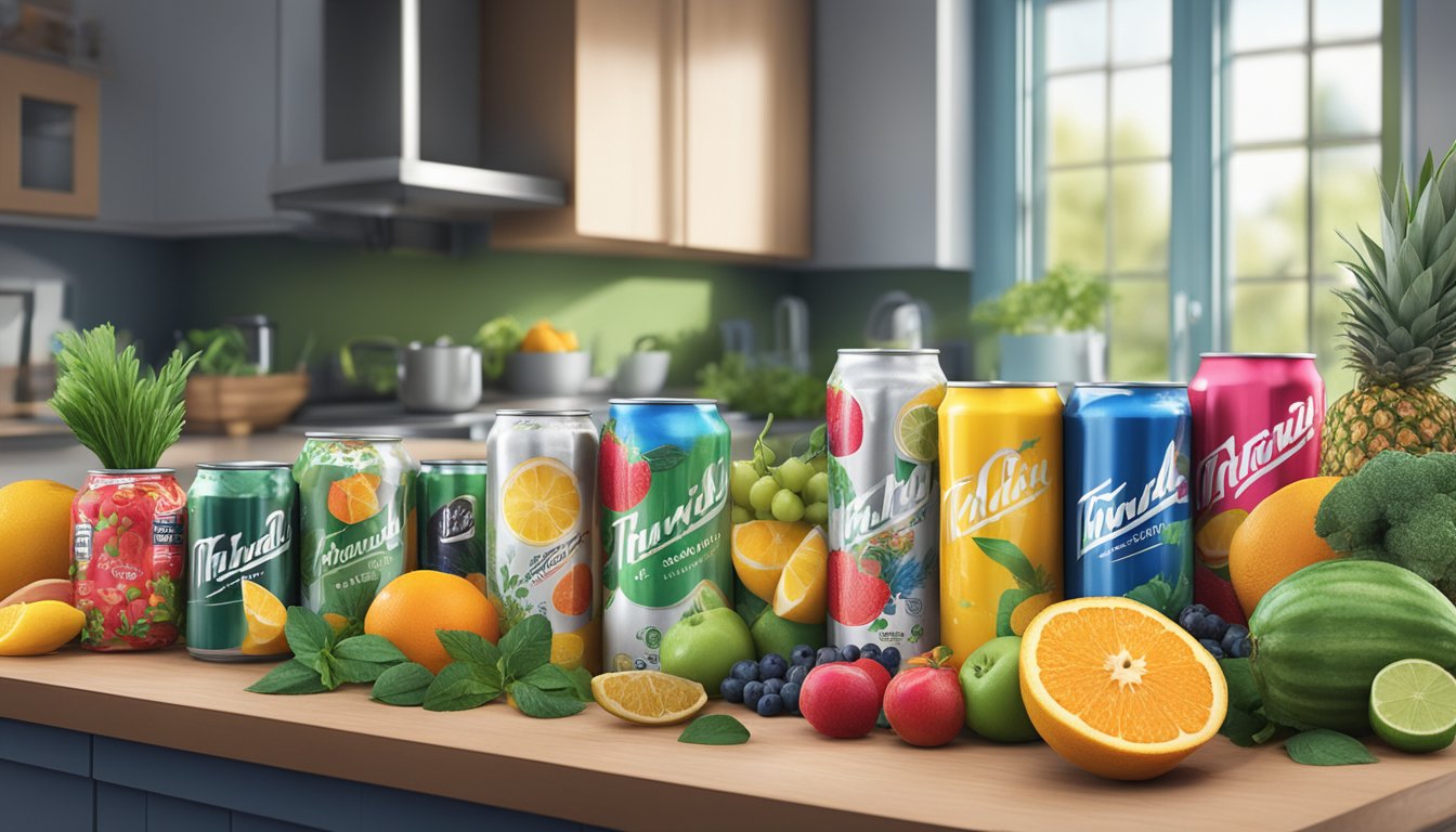 A cluttered kitchen counter with cans of energy drinks surrounded by various fruits and herbs, creating a stark contrast between the "natural" branding and the artificial reality