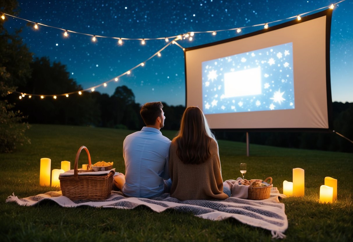 A couple sits on a blanket under the stars, watching a movie projected onto a large screen. Fairy lights and candles create a cozy atmosphere. A picnic basket and snacks are spread out on the blanket