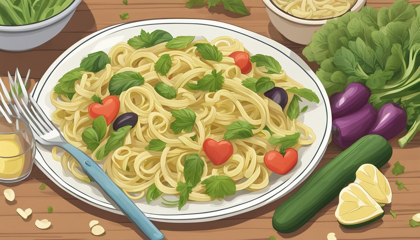 A plate of Palmini hearts of palm linguine surrounded by various vegetables, showcasing the healthy alternative to regular pasta