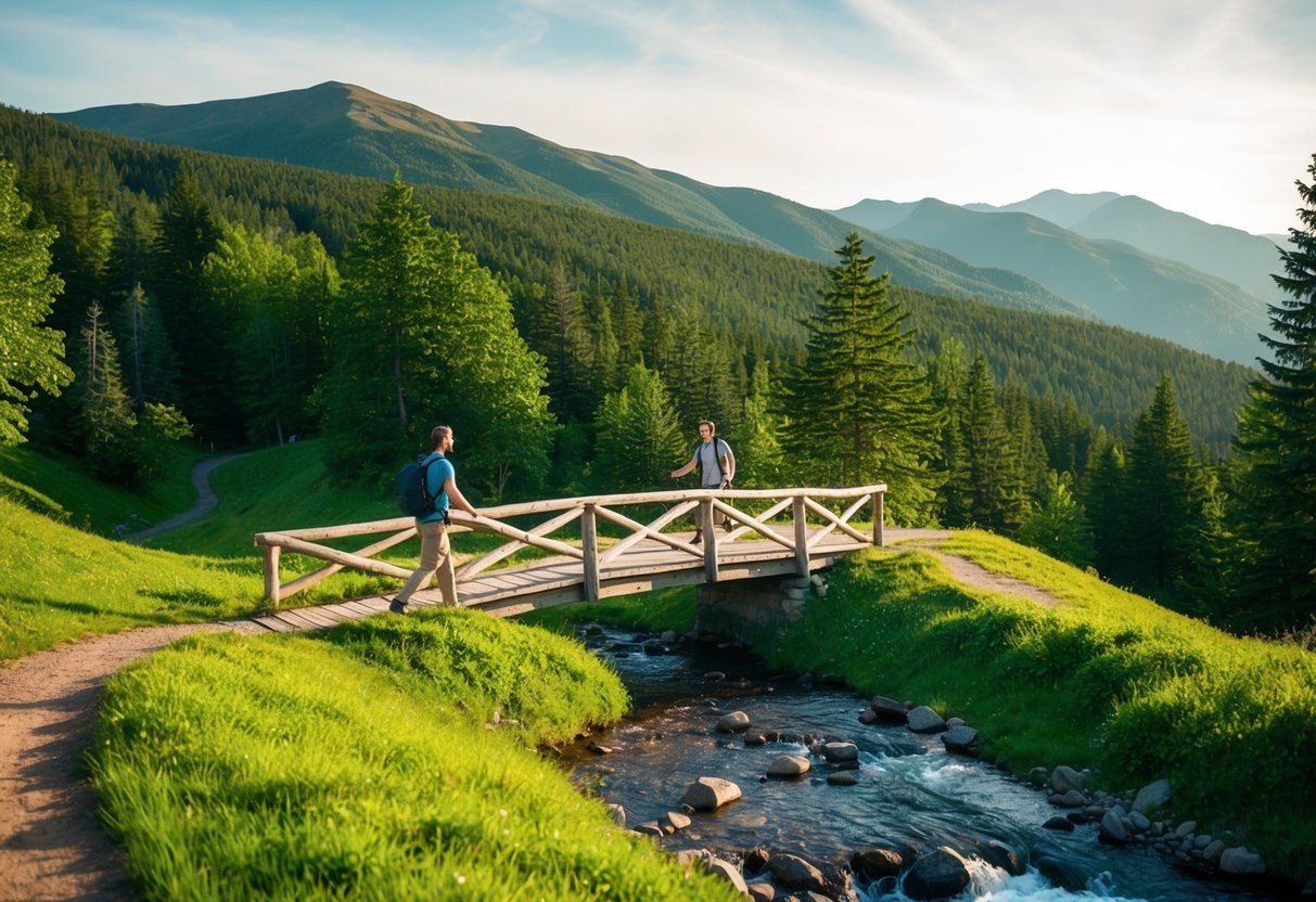 A couple hikes through a lush forest, crossing a wooden bridge over a babbling stream. The trail winds up a hill, offering panoramic views of the surrounding mountains