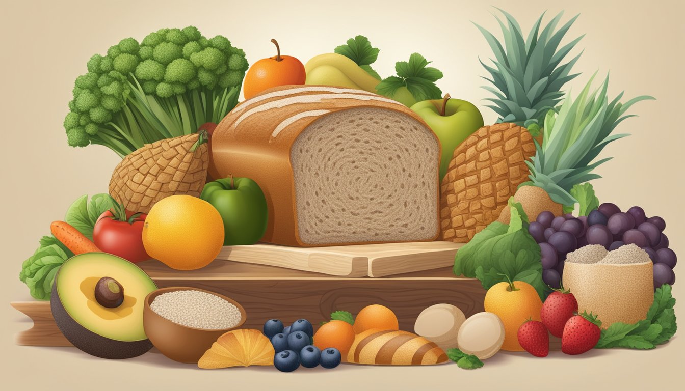 A loaf of multigrain bread surrounded by various "light" foods, such as fruits and vegetables, with a scale in the background