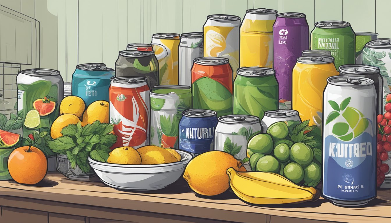 A cluttered kitchen counter with various 'natural' energy drink cans, surrounded by scattered ingredients like fruits, herbs, and powders