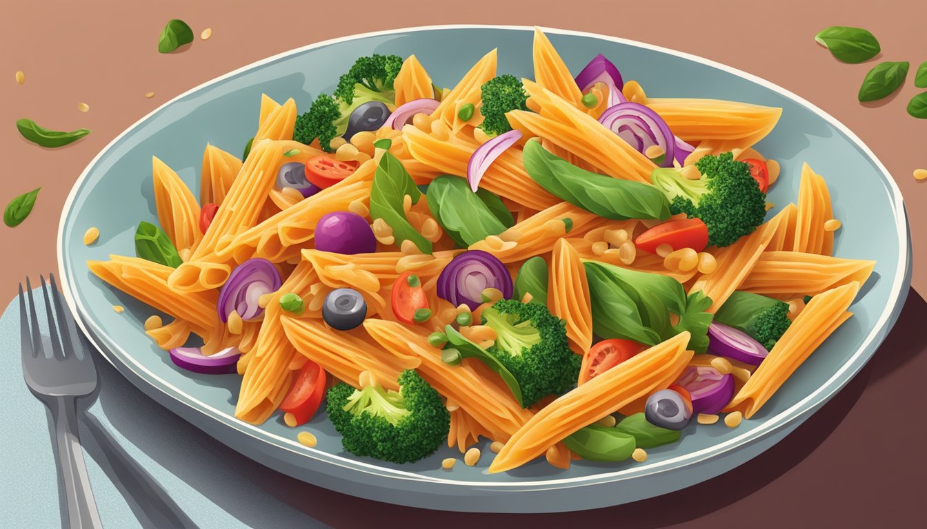 A plate of red lentil penne pasta with colorful vegetable toppings