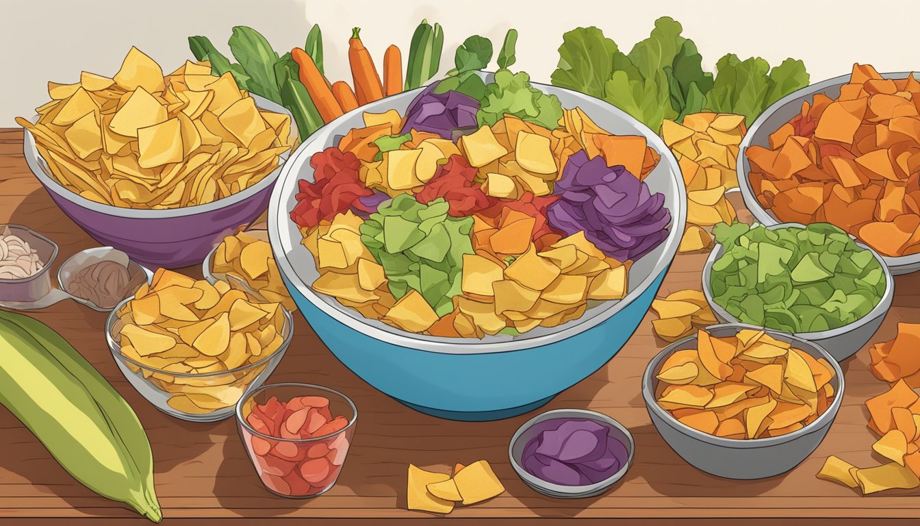 A bowl of colorful veggie chips sits on a table, surrounded by other "light" foods. The chips are arranged in an appetizing display, tempting but not helpful for weight loss