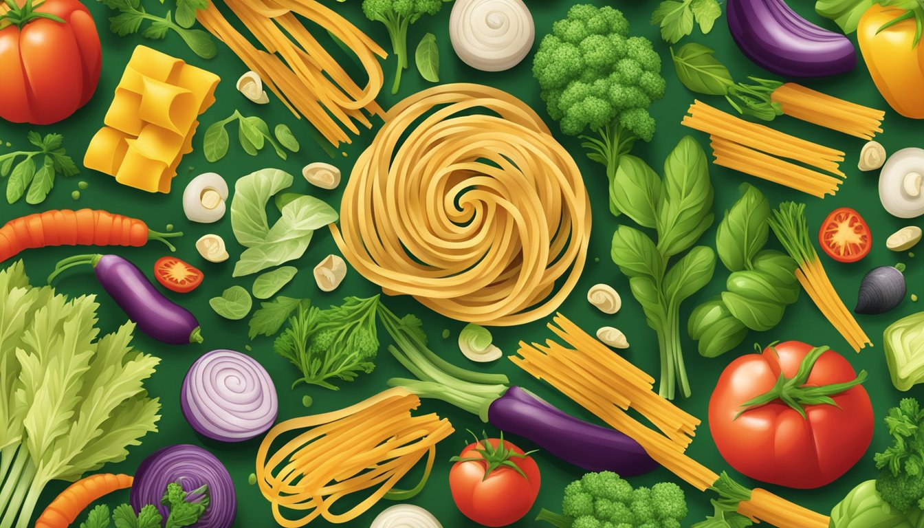 A colorful array of veggie spirals and pasta shapes spill out from a Green Giant package, surrounded by fresh vegetables and herbs