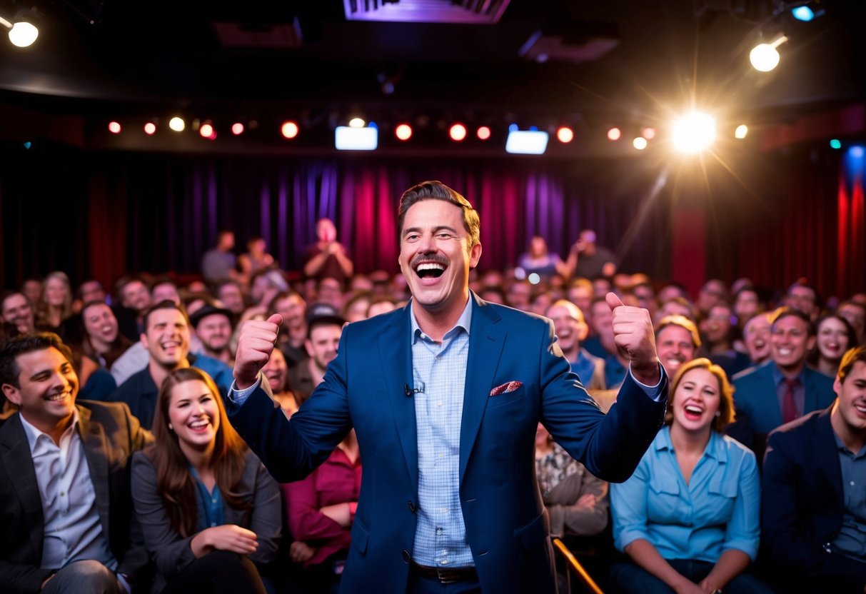 A crowded comedy club with a stage, spotlight, and audience laughing