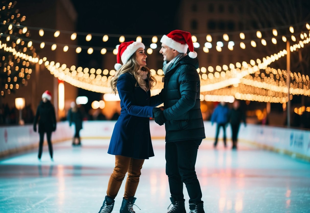 A couple ice skating under twinkling Christmas lights
