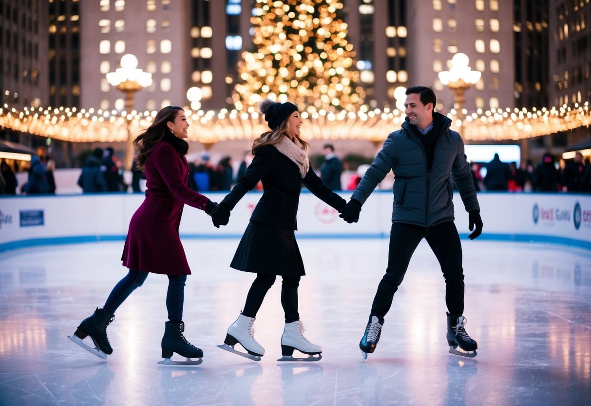 Couples ice skate under twinkling lights at Rockefeller Center