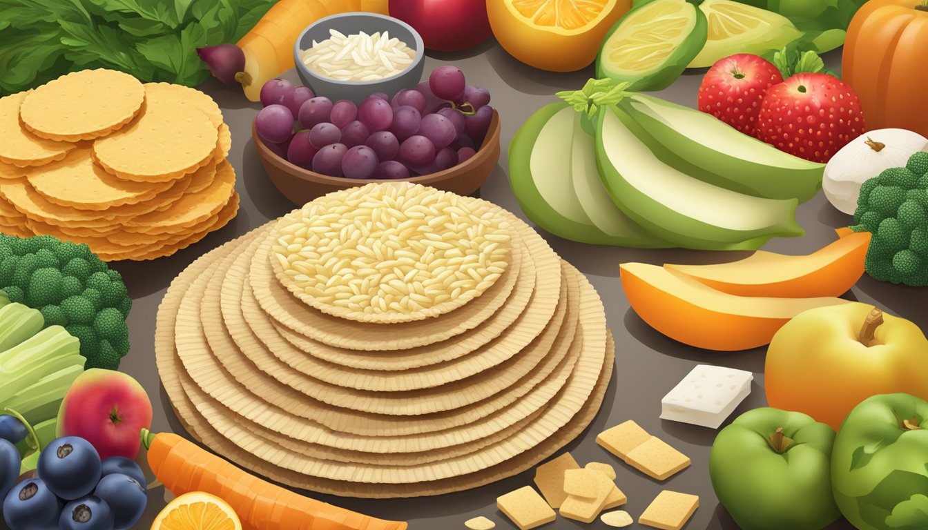 A pile of Rice Thins crackers surrounded by a variety of fresh fruits and vegetables, highlighting the lack of nutritional value in the crackers