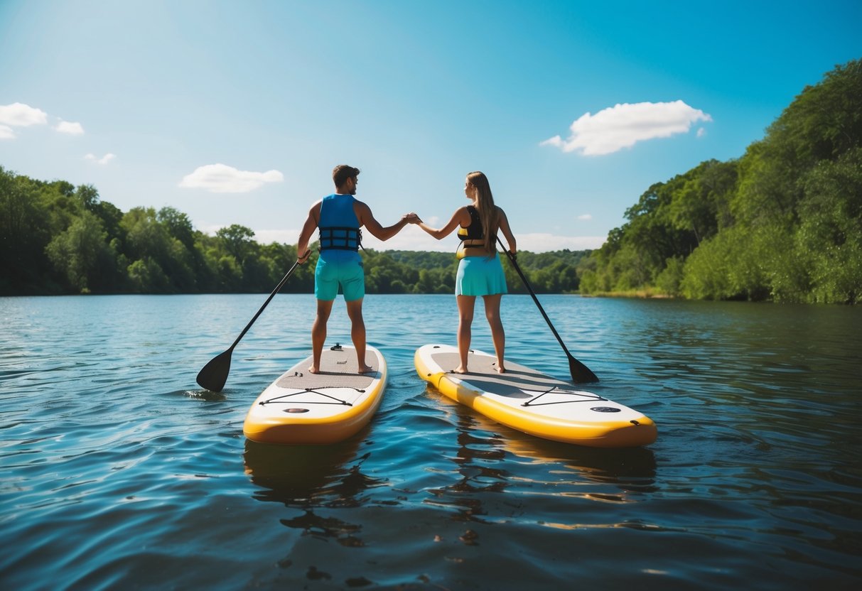 A couple paddleboards together on a tranquil lake, surrounded by lush greenery and a clear blue sky