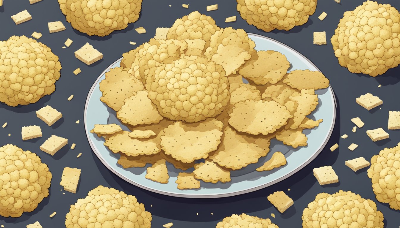 A pile of cauliflower crackers scattered on a plate, surrounded by discarded crumbs and a disappointed expression