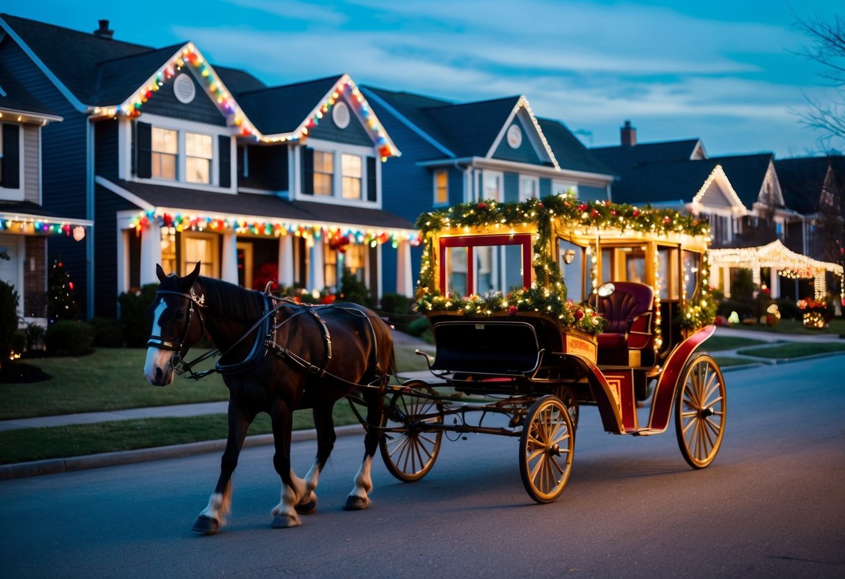 A cozy horse-drawn carriage glides through a twinkling neighborhood, passing houses adorned with colorful holiday lights and festive decorations