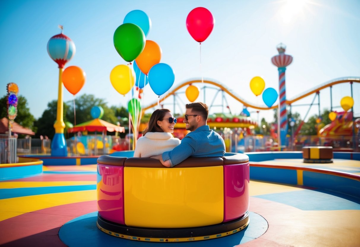 A couple enjoying rides and games at a colorful amusement park on a sunny day, with balloons and a festive atmosphere