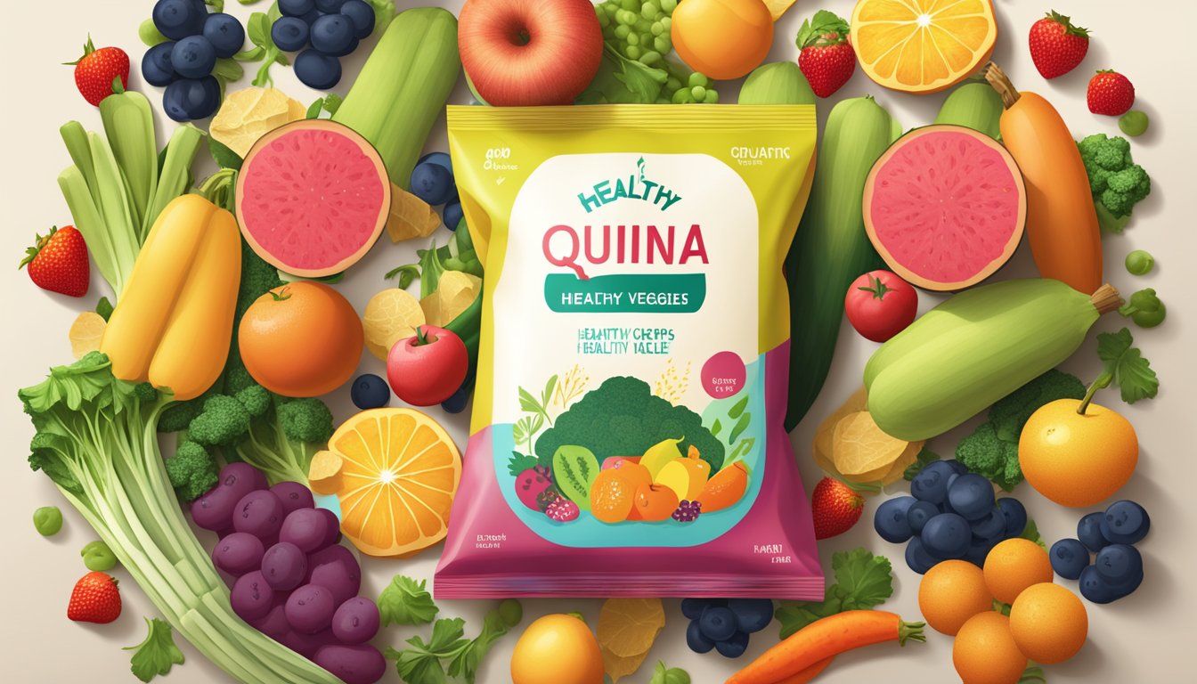 A pile of quinoa crisps surrounded by fresh, vibrant fruits and vegetables, with a shadow looming over them, symbolizing the deceptive "healthy" label