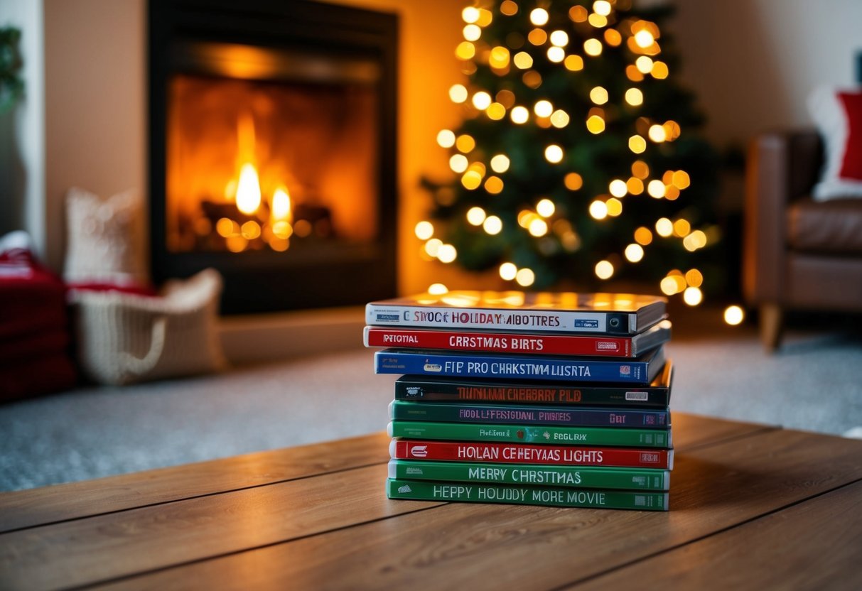 A cozy living room with a glowing fireplace, twinkling Christmas lights, and a stack of holiday movie DVDs