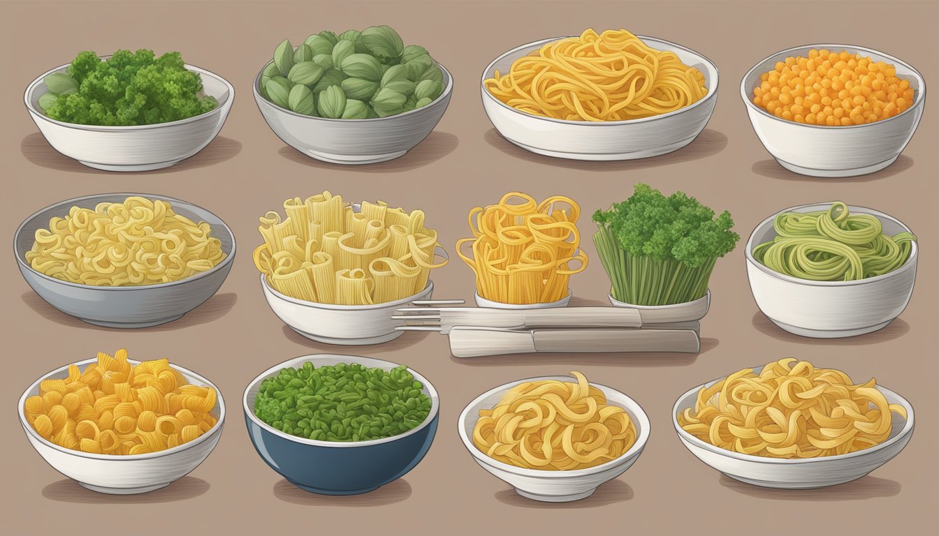 A colorful array of veggie pastas and regular pasta, arranged on a table with nutritional information displayed next to each type