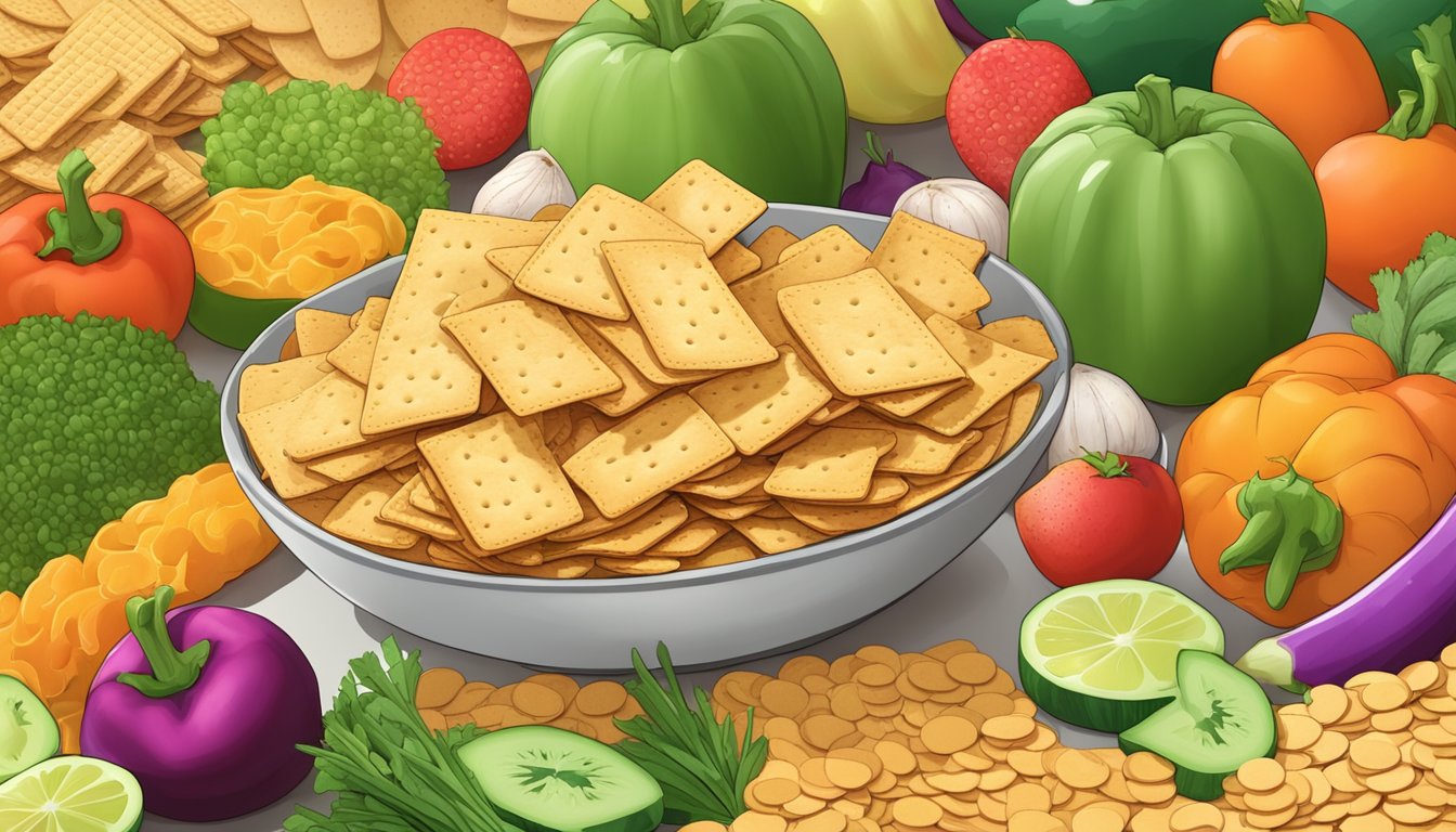 A pile of colorful lentil chips and crackers, surrounded by a variety of fresh vegetables and fruits, with a nutrition label in the background