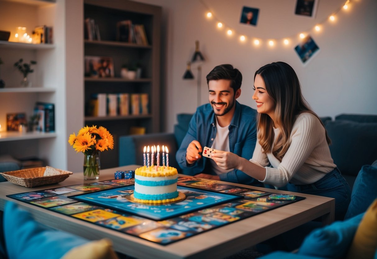 A cozy living room with a table set for board games, a birthday cake with candles, and a couple enjoying a fun game night together