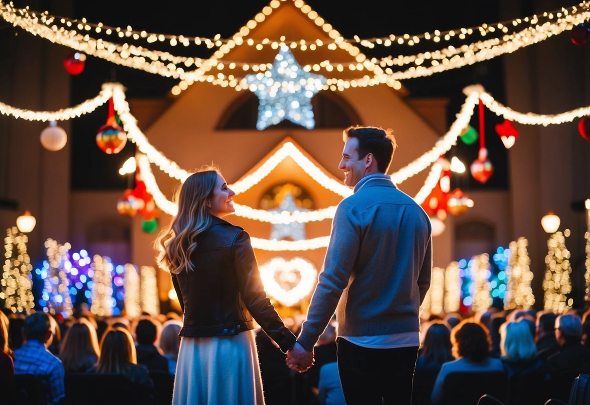 A couple holding hands while enjoying a holiday concert, surrounded by festive decorations and twinkling lights