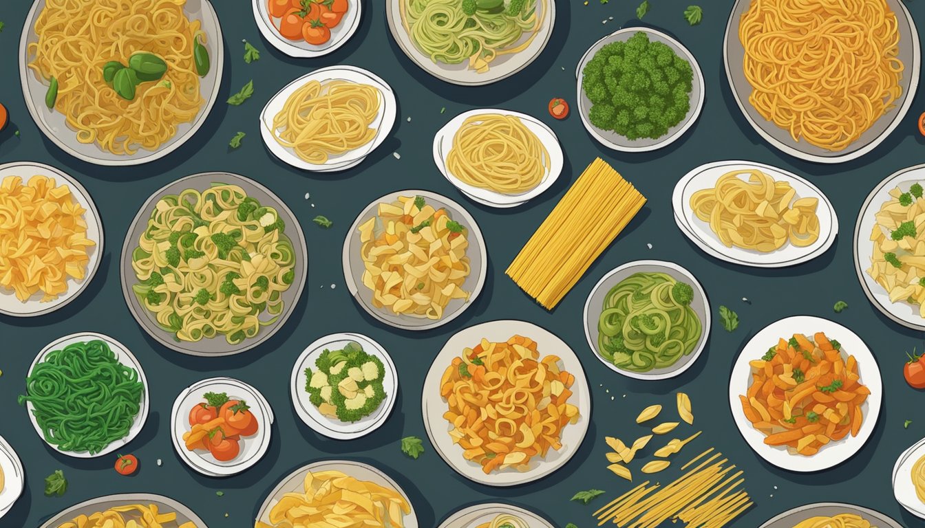 A table with various types of veggie pastas and regular pasta, surrounded by confused and skeptical people