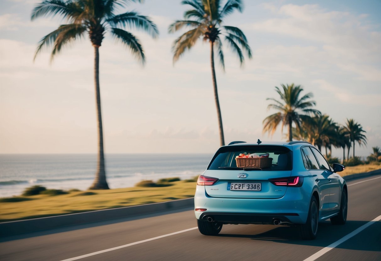 A car driving on a coastal road, palm trees and ocean in the background, with a picnic basket and beach gear in the trunk